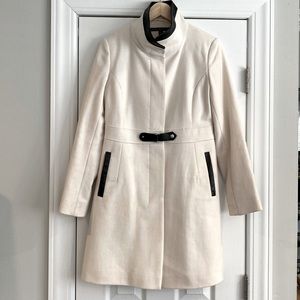 Via Spiga Off White Lined Military-Style Peacoat with Black Leather Detail